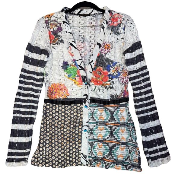 Alberto Makali Button Up Top M Patchwork Art To Wear Mixed Media Floral Boho Y2K - Picture 1 of 12